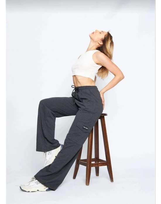 Kadın Yüksek Bel Kargo Cepli Palazzo Pantolon Oversize Bol Paça İki İplik Rahat Kesim - Antrasit