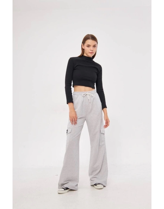 Kadın Yüksek Bel Kargo Cepli Palazzo Pantolon Oversize Bol Paça İki İplik Rahat Kesim - Gri