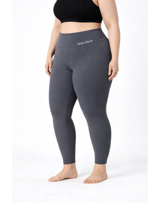 Kadın Yüksek Bel Toparlayıcı Likralı dalgıç Spor Tayt  Esnek Battal Büyük Beden - Füme