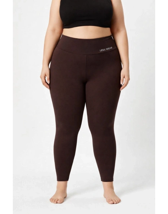 Kadın Yüksek Bel Toparlayıcı Likralı dalgıç Spor Tayt Esnek Battal Büyük Beden - Kahverengi