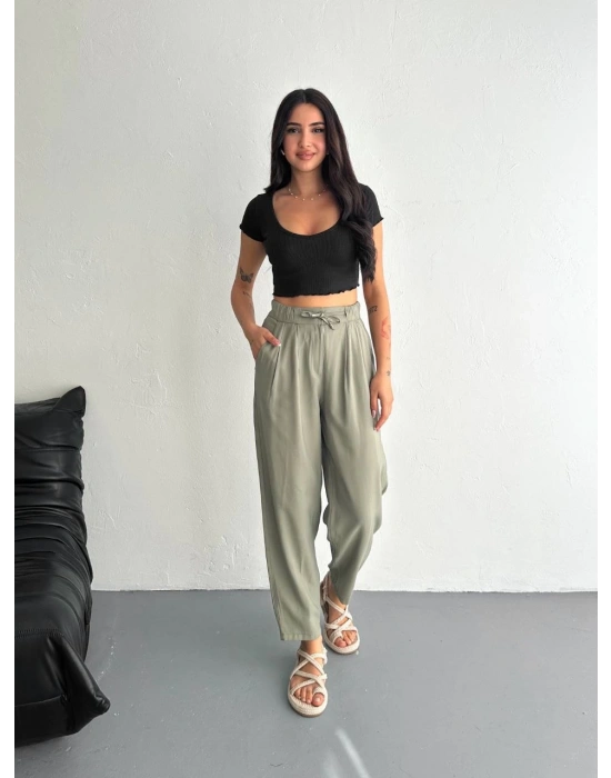 Kadın Yüksel Bel Beli Bağcıklı Cepli Rahat Paça Pantalon - Su Yeşili
