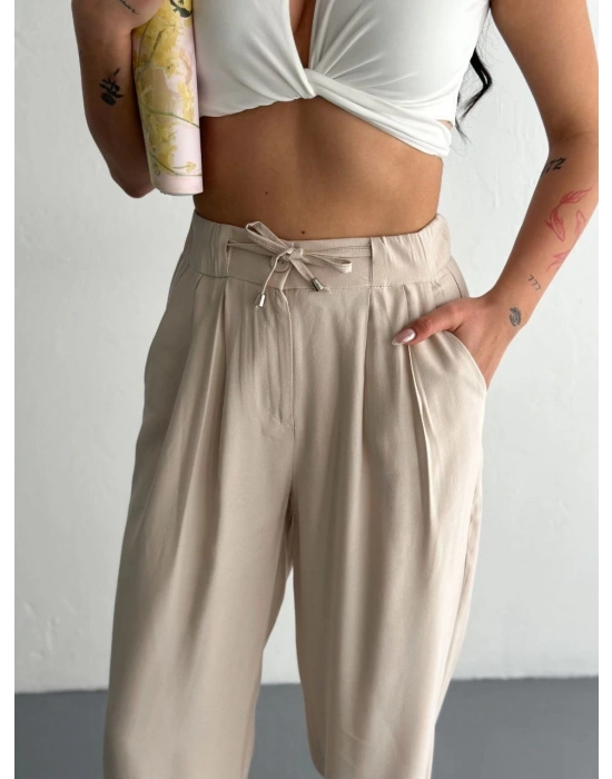 Kadın Yüksel Bel Beli Bağcıklı Rahat Boru Paça Pantalon - Kırık Beyaz