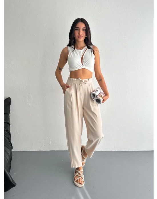 Kadın Yüksel Bel Beli Bağcıklı Rahat Boru Paça Pantalon - Kırık Beyaz