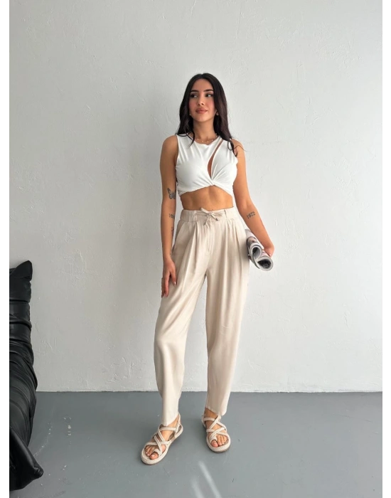 Kadın Yüksel Bel Beli Bağcıklı Rahat Boru Paça Pantalon - Kırık Beyaz