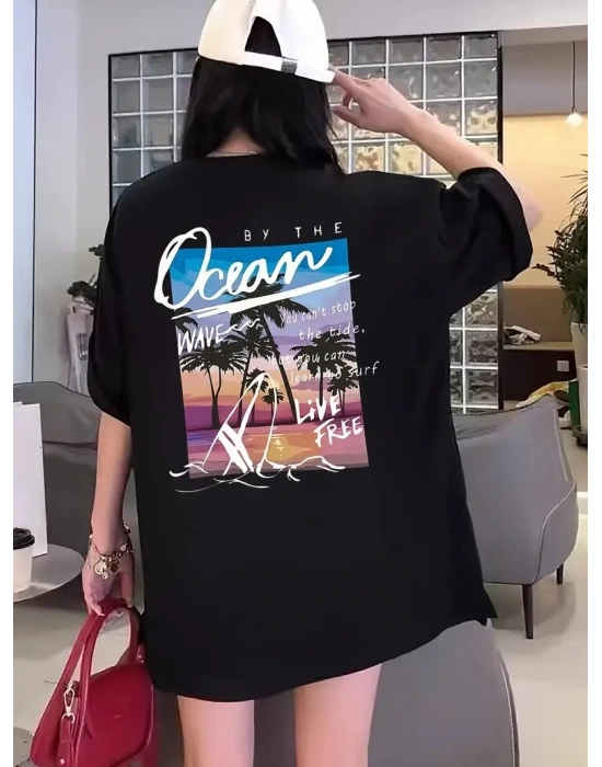 Kadınlar İçin Geniş Kesim Tişört - Kısa Kollu, Bol Kesim, Manzaralı Okyanus Baskı, Günlük Yazlık Üst, Siyah- Siyah