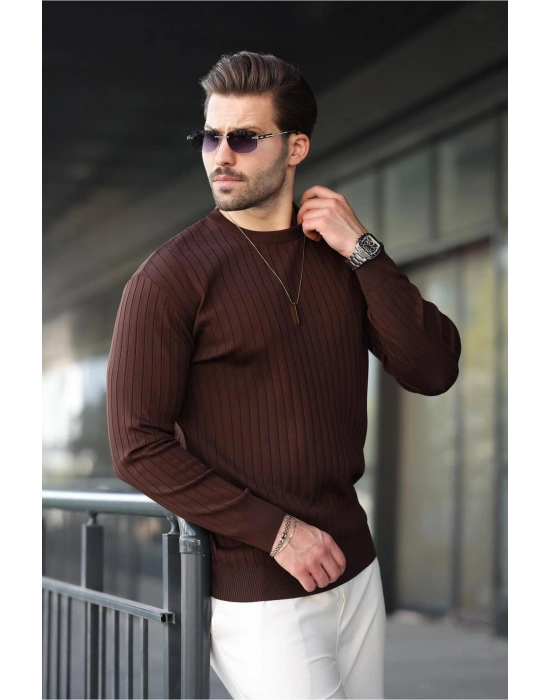 Kahverengi Bisiklet Yaka Çizgili Uzun Kollu Kazak E7273