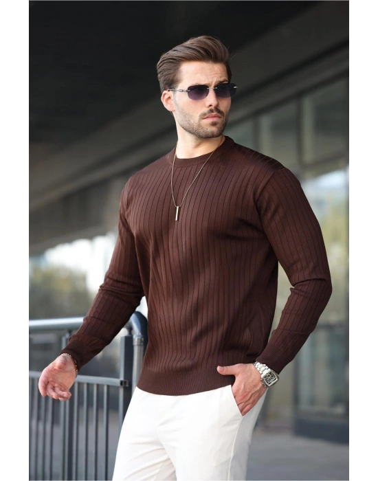 Kahverengi Bisiklet Yaka Çizgili Uzun Kollu Kazak E7273