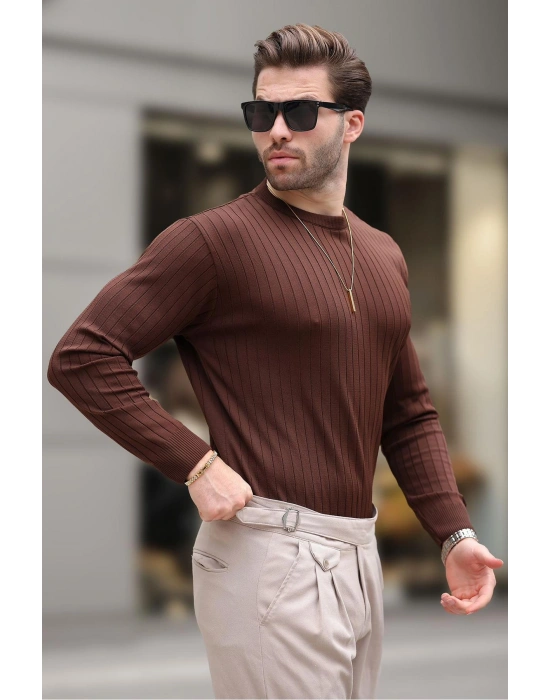 Kahverengi Bisiklet Yaka Çizgili Uzun Kollu Kazak E7273