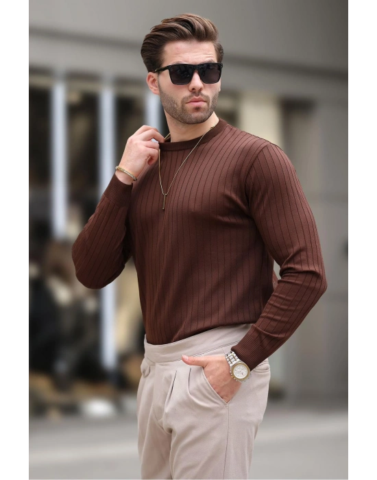 Kahverengi Bisiklet Yaka Çizgili Uzun Kollu Kazak E7273