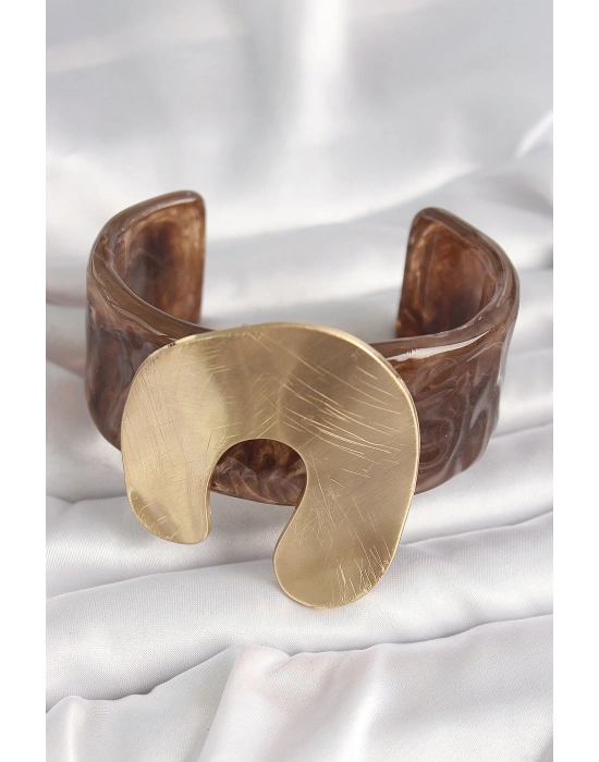 Kahverengi Mermer Desen Akrilik Plastik Gold Nal Model Plaka Vintage Kadın Bilezik