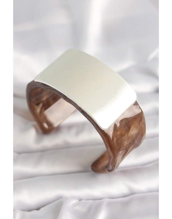 Kahverengi Mermer Desen Akrilik Plastik Gümüş Dikdörtgen Plaka Vintage Kadın Bilezik