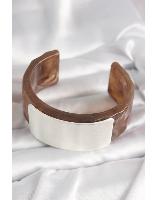 Kahverengi Mermer Desen Akrilik Plastik Gümüş Dikdörtgen Plaka Vintage Kadın Bilezik