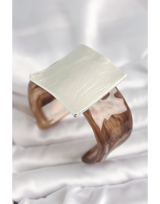 Kahverengi Mermer Desen Akrilik Plastik Gümüş Kare Plaka Model Vintage Kadın Bilezik