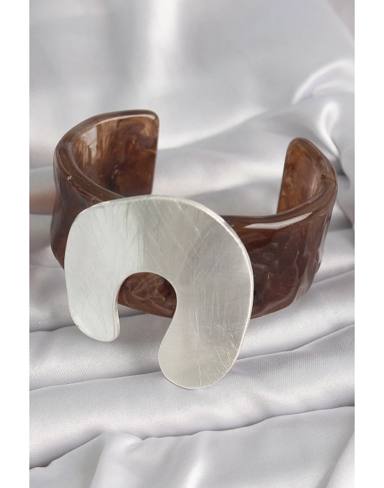 Kahverengi Mermer Desen Akrilik Plastik Gümüş Plaka Model Vintage Kadın Bilezik