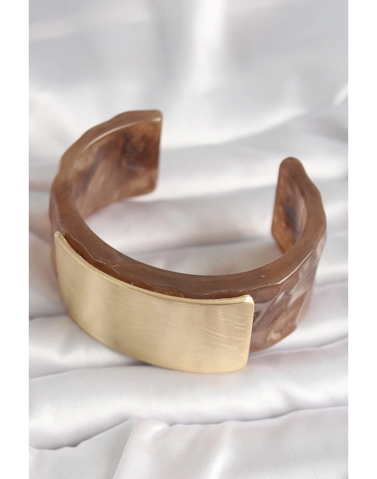 Kahverengi Mermer Desen Akrilik Platik Gold Dikdörtgen Plaka Model Vintage Kadın Bilezik