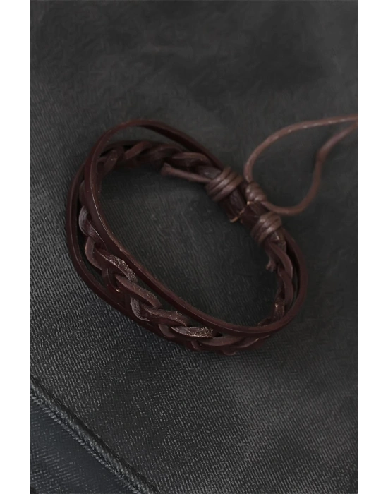 Kahverengi Örgü Deri Erkek Bileklik