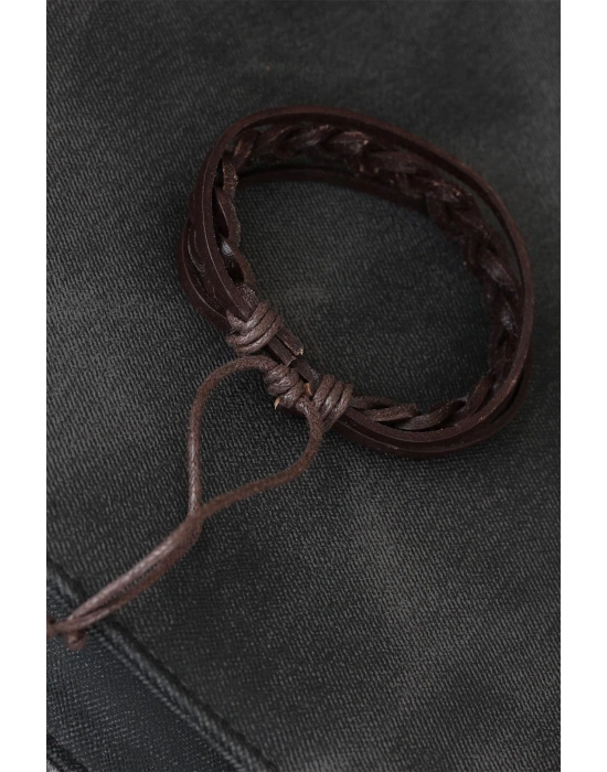 Kahverengi Örgü Deri Erkek Bileklik