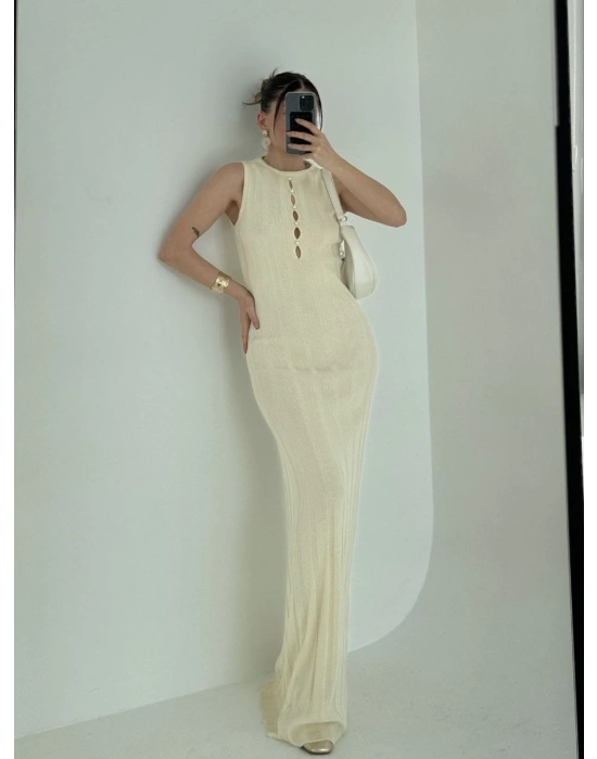 Kalın Fitilli Uzun Triko Elbise - Kırık Beyaz