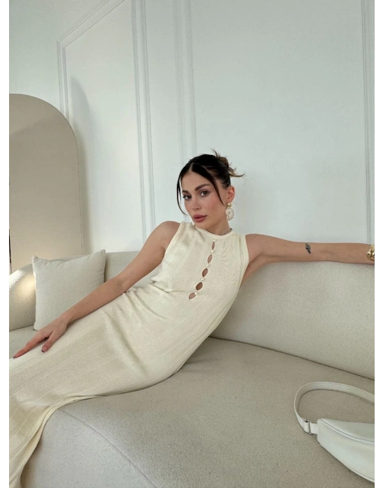 Kalın Fitilli Uzun Triko Elbise - Kırık Beyaz