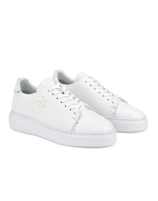 Kalın Ortopedik Tabanlı %100 Deri Sneaker Spor Ayakkabı - Beyaz