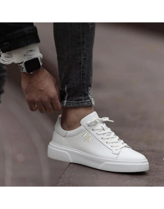 Kalın Ortopedik Tabanlı %100 Deri Sneaker Spor Ayakkabı - Beyaz