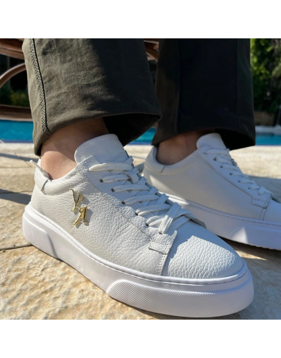 Kalın Ortopedik Tabanlı %100 Deri Sneaker Spor Ayakkabı - Beyaz