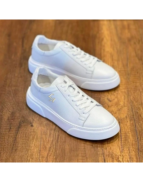 Kalın Ortopedik Tabanlı %100 Deri Sneaker Spor Ayakkabı - Beyaz