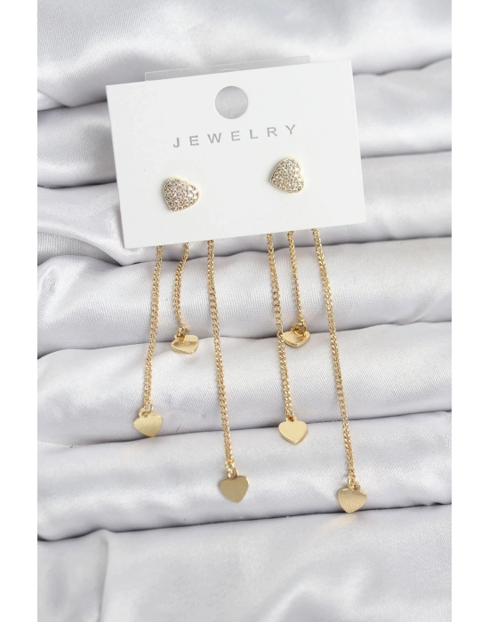 Kalp Model Gold Renk Pirinç Sallantılı Kadın Küpe