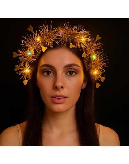 Kalp Püsküllü Gece Parıltısı 3 Modlu LED li Işıklı Taç Altın Renk