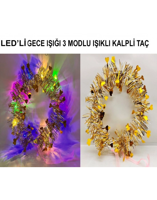 Kalp Püsküllü Gece Parıltısı 3 Modlu LED li Işıklı Taç Altın Renk