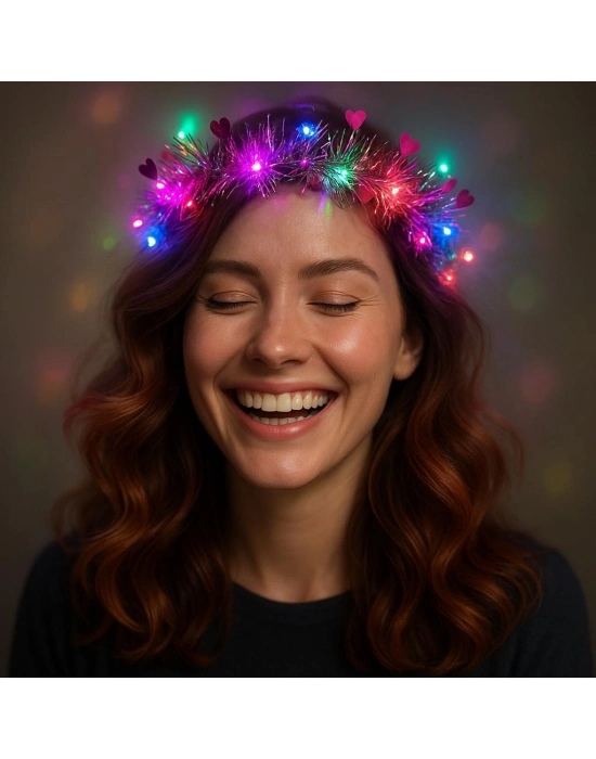 Kalp Püsküllü Gece Parıltısı 3 Modlu LED li Işıklı Taç Fuşya Renk