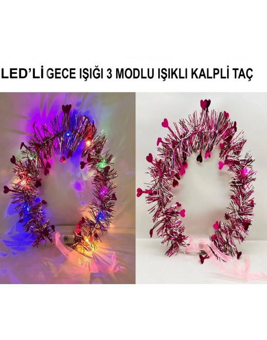 Kalp Püsküllü Gece Parıltısı 3 Modlu LED li Işıklı Taç Fuşya Renk
