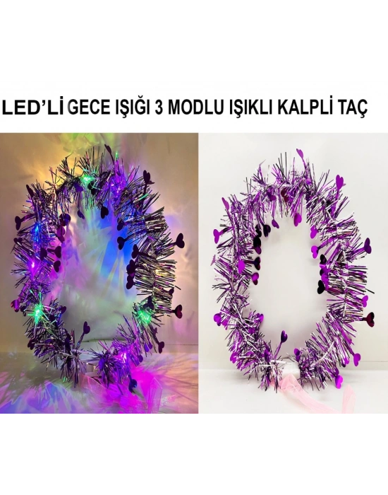 Kalp Püsküllü Gece Parıltısı 3 Modlu LED li Işıklı Taç Mor Renk