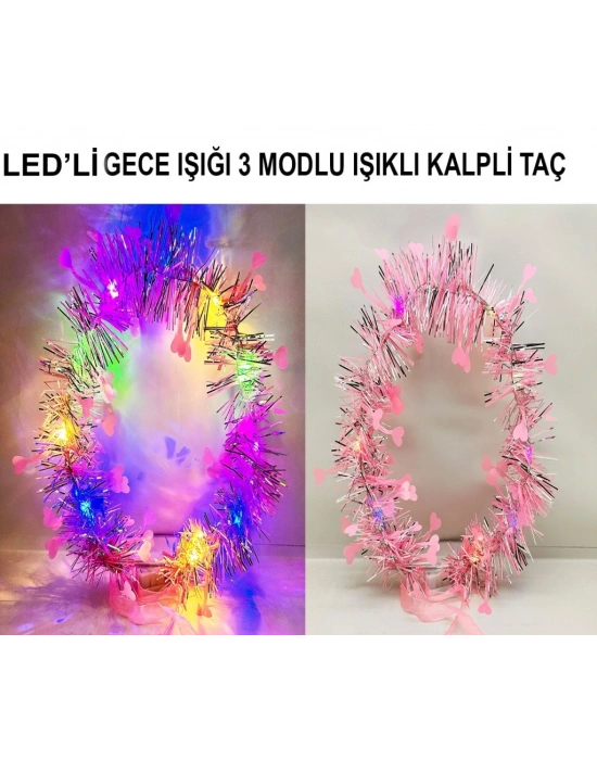 Kalp Püsküllü Gece Parıltısı 3 Modlu LED li Işıklı Taç Pembe Renk