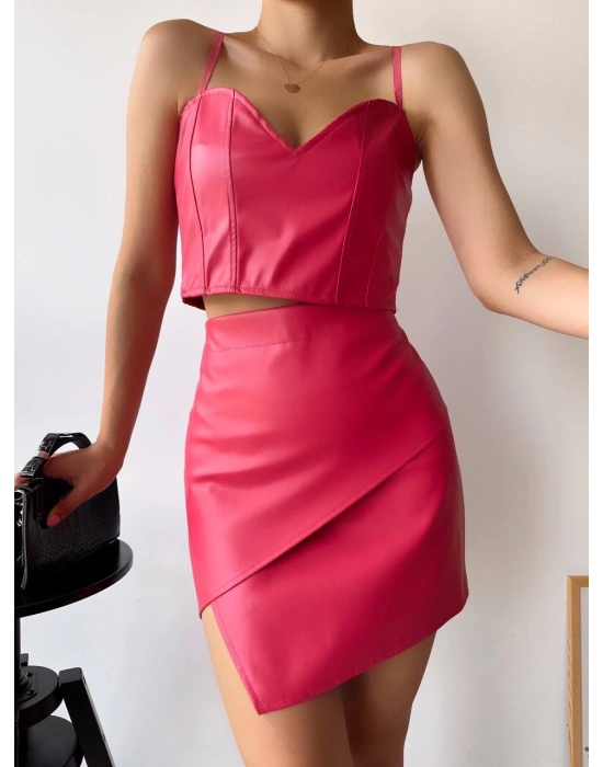 Kapaklı asimetrik model deri etek pembe s240106