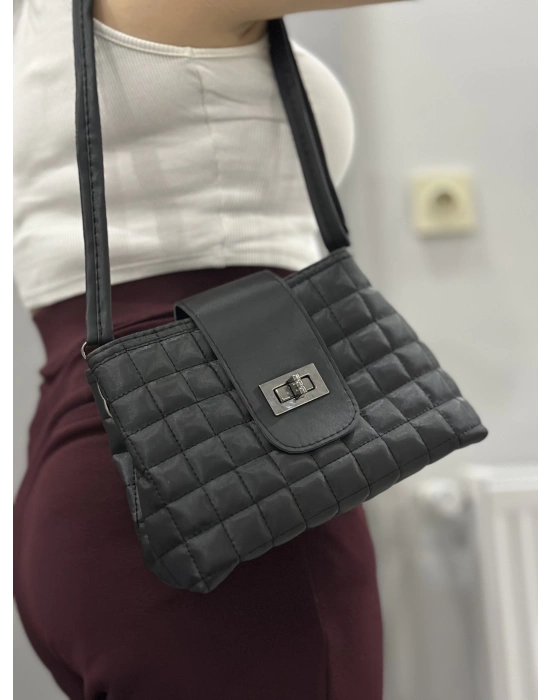 Kapaklı kapitone siyah cilt çanta