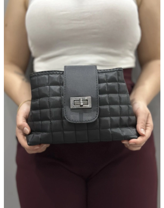 Kapaklı kapitone siyah cilt çanta