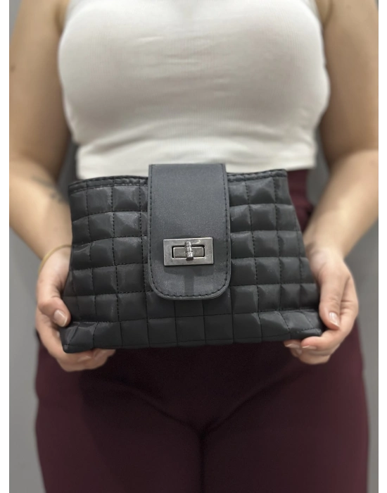 Kapaklı kapitone siyah cilt çanta