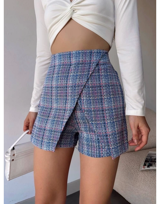 Kapaklı tüvit şort etek mavi