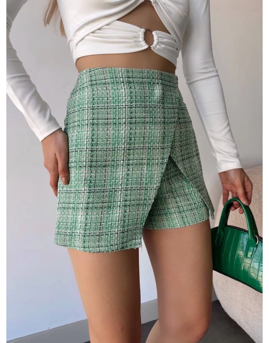 Kapaklı tüvit şort etek yeşil