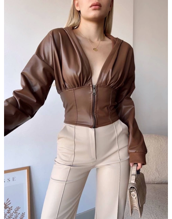 Kapşonlu yarım fermuarlı ceket kahve h24116