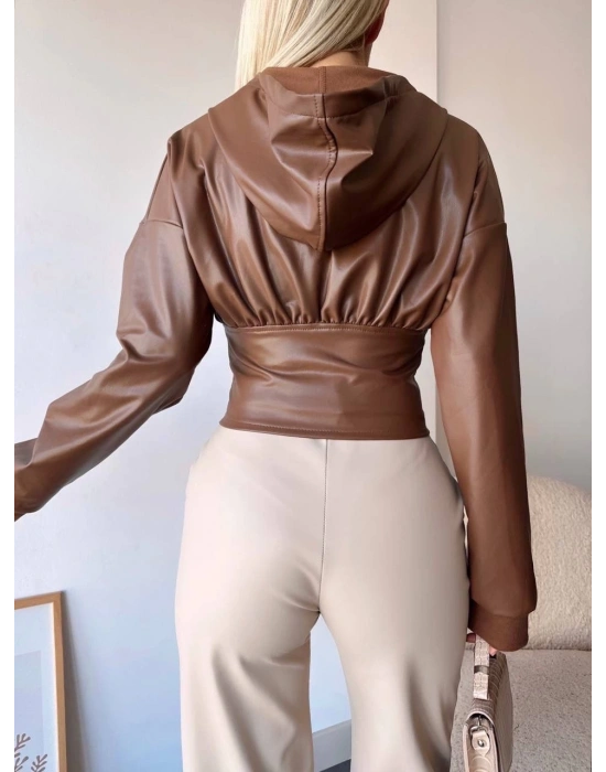 Kapşonlu yarım fermuarlı ceket kahve h24116