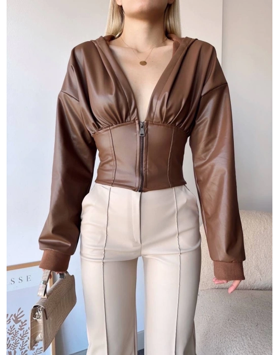 Kapşonlu yarım fermuarlı ceket kahve h24116