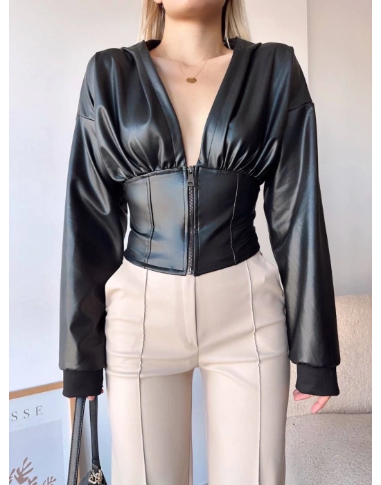 Kapşonlu yarım fermuarlı ceket siyah h24116