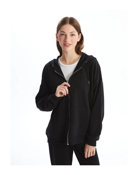 Kapüşonlu Düz Oversize Kadın Fermuarlı Sweatshirt