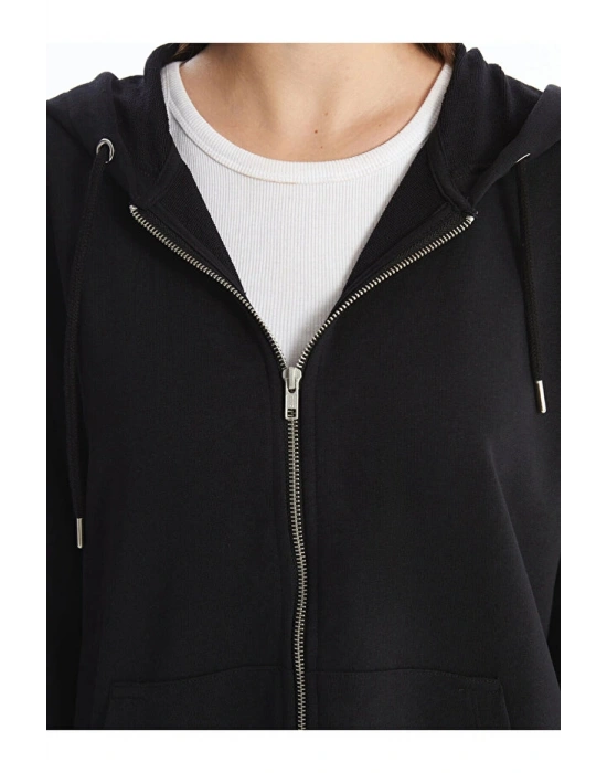 Kapüşonlu Düz Oversize Kadın Fermuarlı Sweatshirt