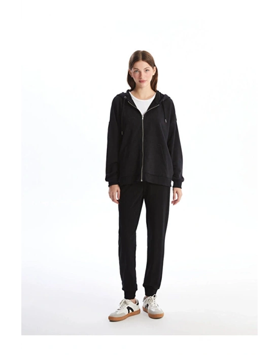 Kapüşonlu Düz Oversize Kadın Fermuarlı Sweatshirt