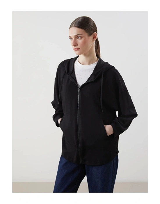 Kapüşonlu Oversize Kadın Fermuarlı Sweatshirt