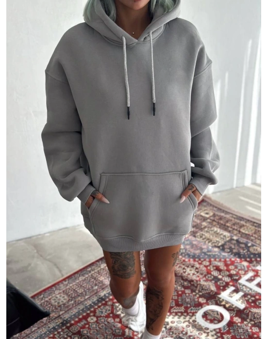 Kapüşonlu Üç İplik Penye Basic SweatShirt - Boyalı Gri