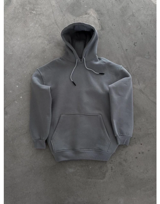 Kapüşonlu Üç İplik Penye Basic SweatShirt - Boyalı Gri